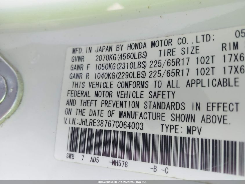 2007 Honda Cr-V Ex-L VIN: JHLRE38767C064003 Lot: 43815058