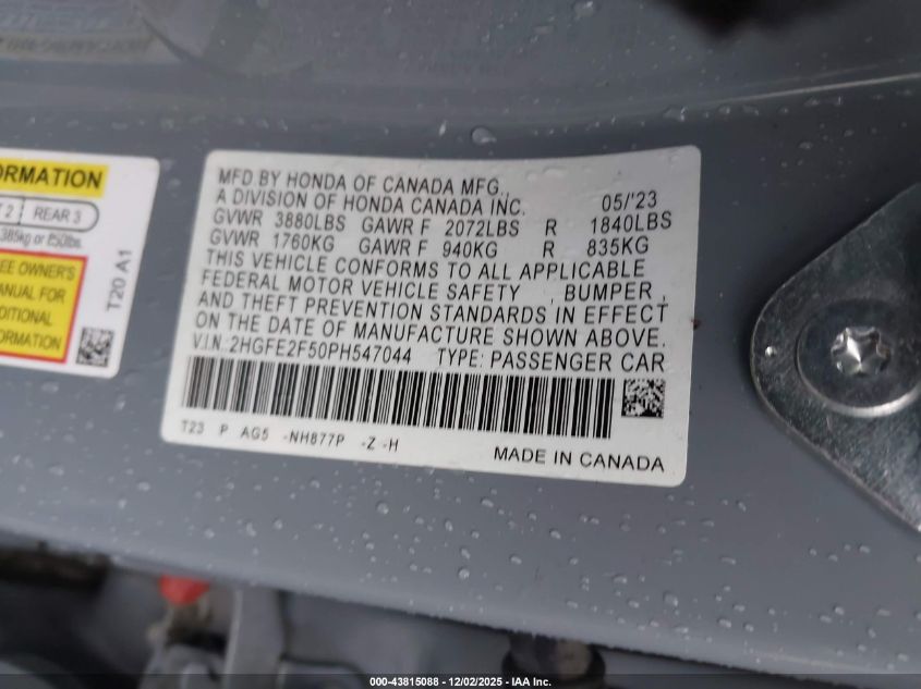 2023 Honda Civic Sport VIN: 2HGFE2F50PH547044 Lot: 43815088