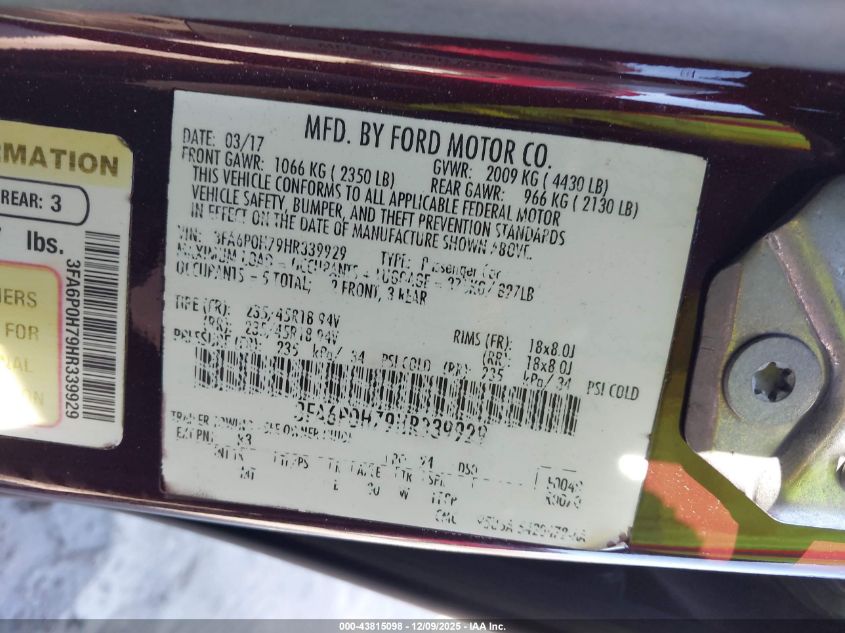 2017 Ford Fusion Se VIN: 3FA6P0H79HR339929 Lot: 43815098