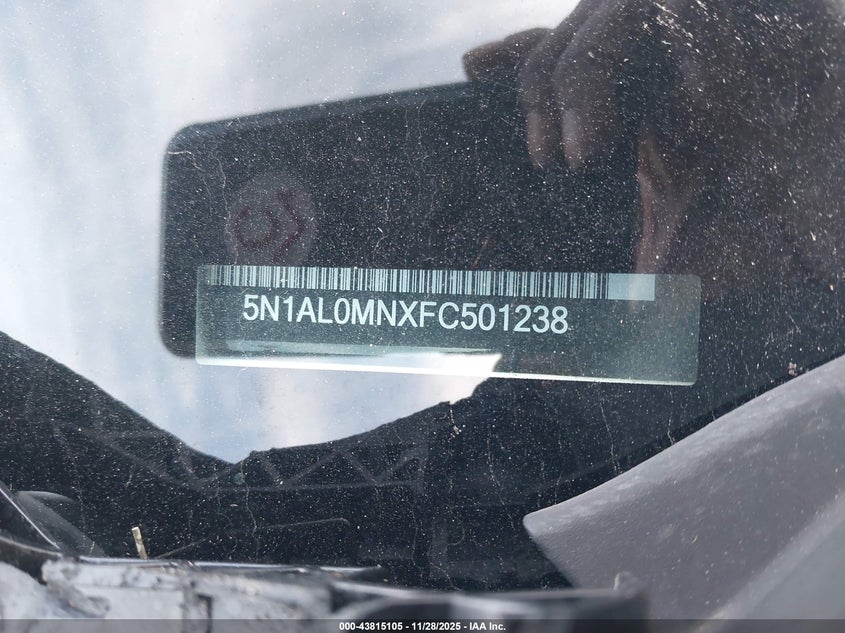 2015 Infiniti Qx60 VIN: 5N1AL0MNXFC501238 Lot: 43815105