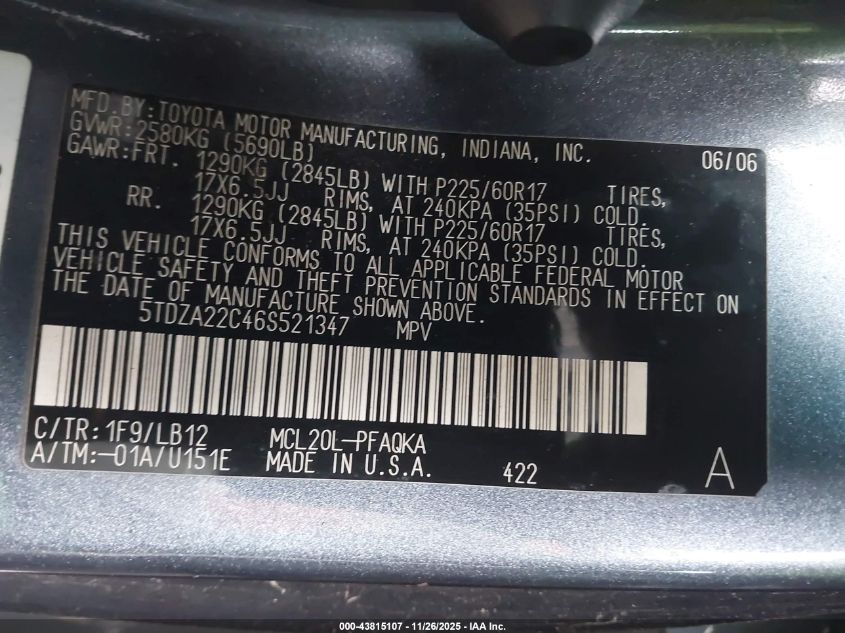 2006 Toyota Sienna Xle VIN: 5TDZA22C46S521347 Lot: 43815107