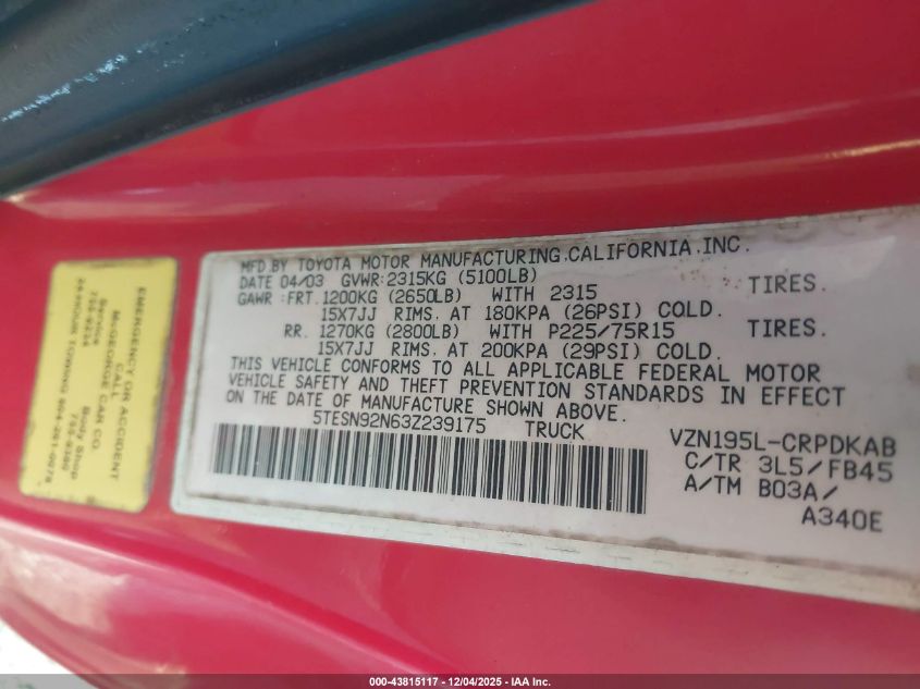 2003 Toyota Tacoma Prerunner V6 VIN: 5TESN92N63Z239175 Lot: 43815117