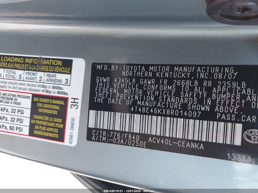 2008 Toyota Camry Le VIN: 4T4BE46KX8R014097 Lot: 43815121