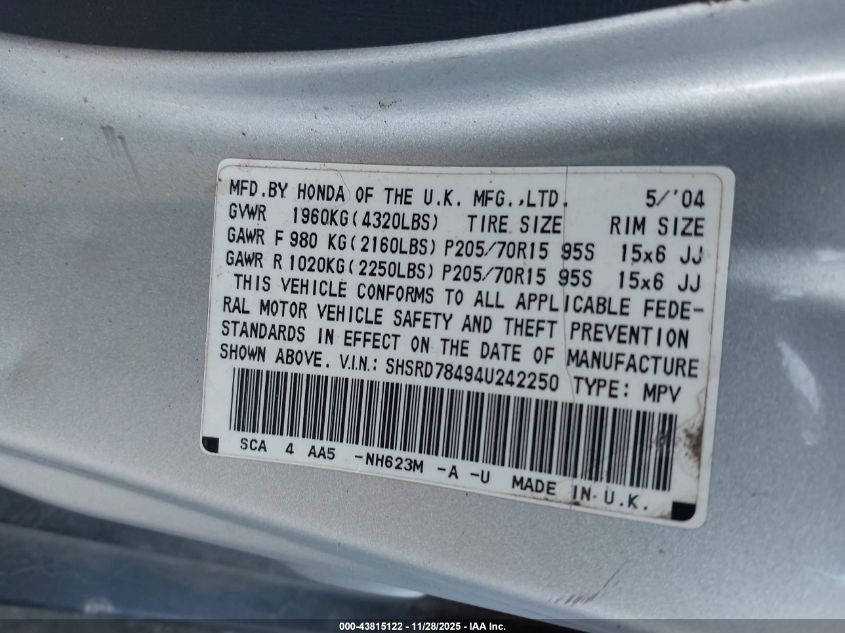 2004 Honda Cr-V Lx VIN: SHSRD78494U242250 Lot: 43815122