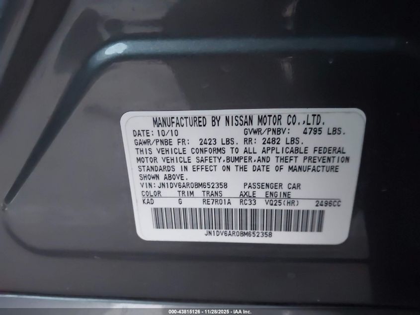 2011 Infiniti G25X VIN: JN1DV6AR0BM652358 Lot: 43815126