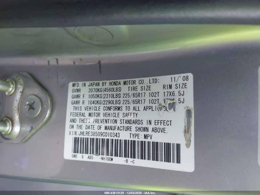 2009 Honda Cr-V Ex VIN: JHLRE38509C010343 Lot: 43815129