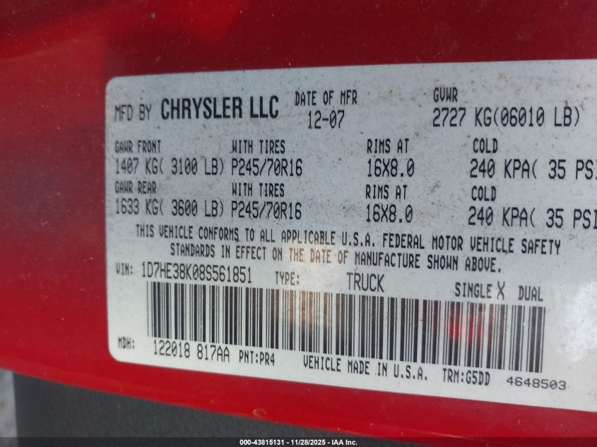 2008 Dodge Dakota Sxt/Bighorn/Lonestar VIN: 1D7HE38K08S561851 Lot: 43815131