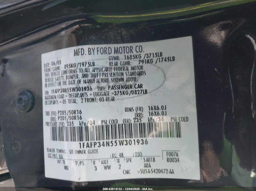 2005 Ford Focus Zx4 VIN: 1FAFP34N55W301936 Lot: 43815132