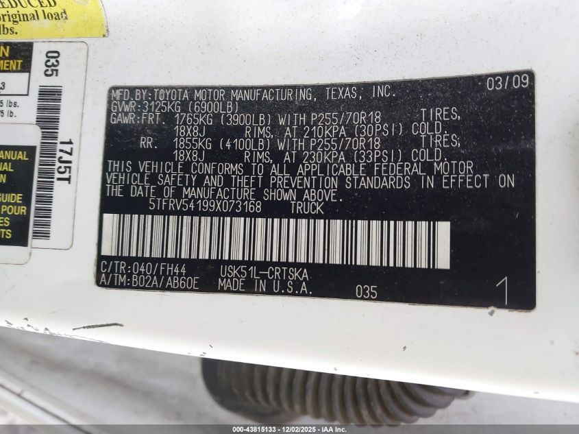 2009 Toyota Tundra Sr5 5.7L V8 VIN: 5TFRV54199X073168 Lot: 43815133