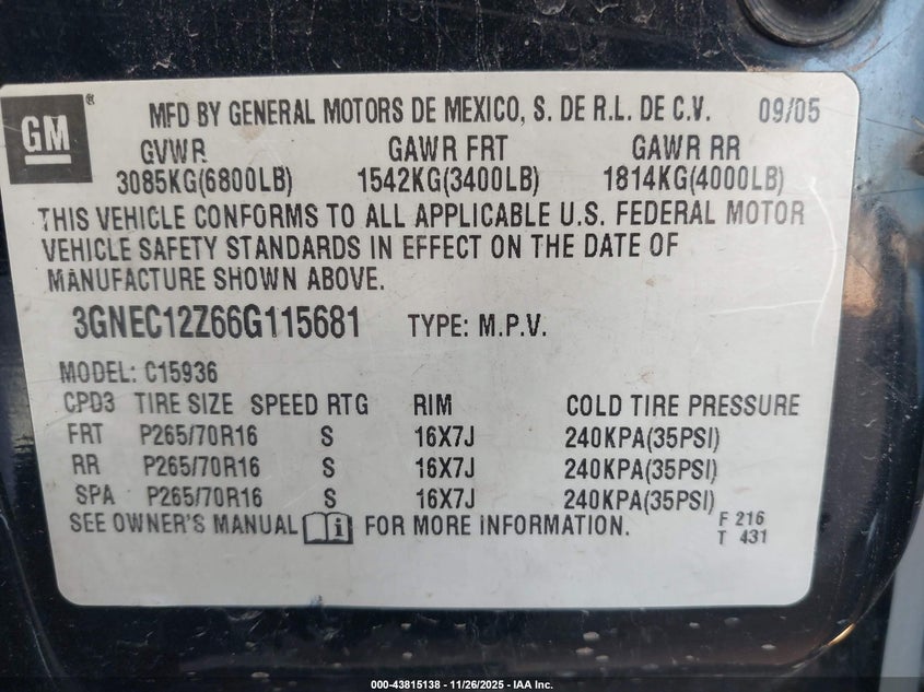 2006 Chevrolet Avalanche 1500 Ls VIN: 3GNEC12Z66G115681 Lot: 43815138