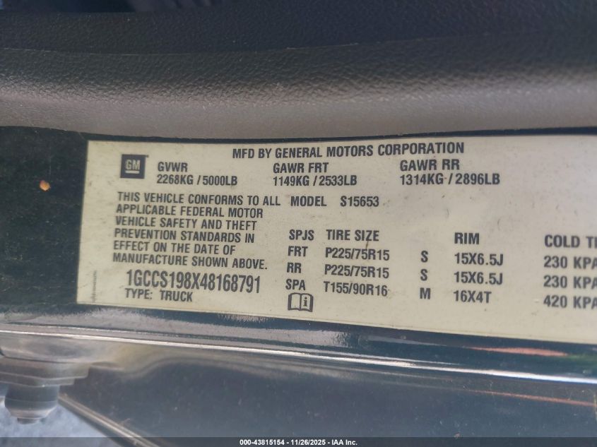 2004 Chevrolet Colorado Ls VIN: 1GCCS198X48168791 Lot: 43815154