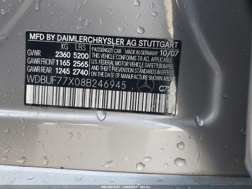 2008 Mercedes-Benz E 63 Amg VIN: WDBUF77X08B246945 Lot: 43815157