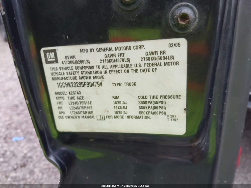 2005 Chevrolet Silverado 2500Hd Ls VIN: 1GCHK23295F904794 Lot: 43815171