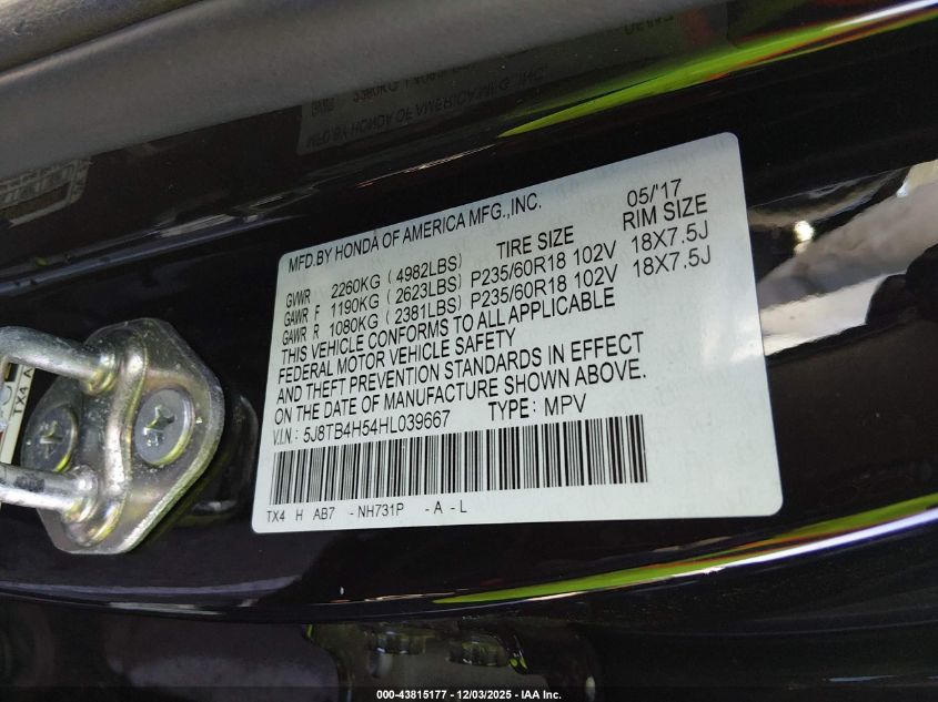 2017 Acura Rdx Technology Acurawatch Plus Packages/W/Technology Package VIN: 5J8TB4H54HL039667 Lot: 43815177