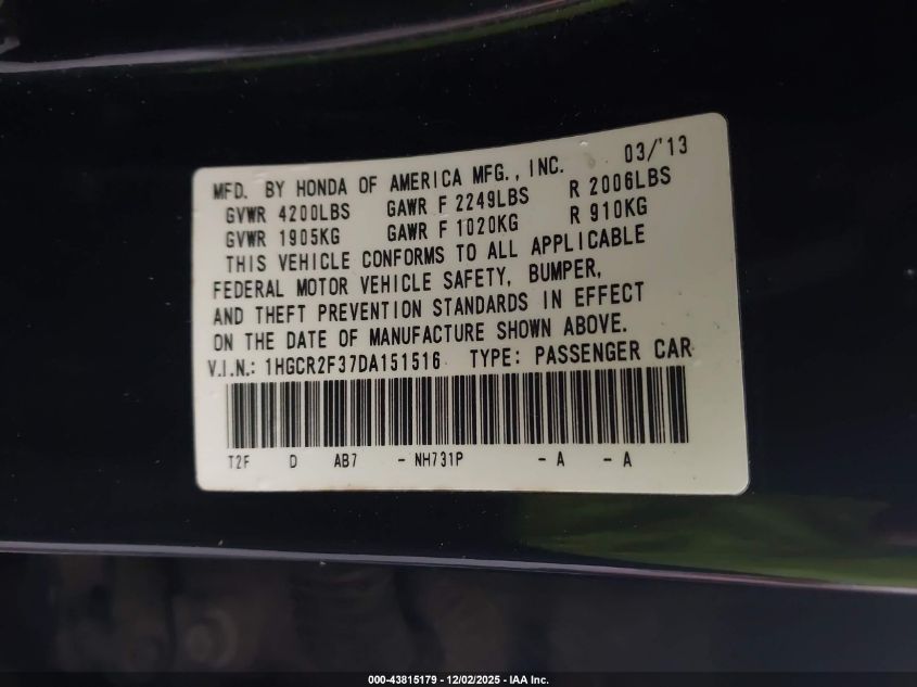 2013 Honda Accord Lx VIN: 1HGCR2F37DA151516 Lot: 43815179