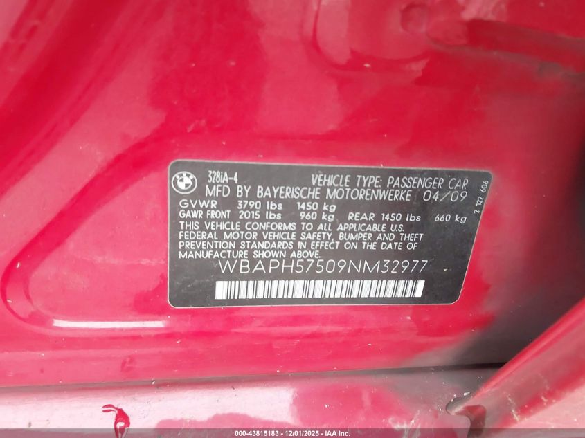 2009 BMW 328I VIN: WBAPH57509NM32977 Lot: 43815183