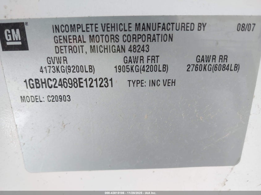 2008 Chevrolet Silverado 2500Hd Work Truck VIN: 1GBHC24698E121231 Lot: 43815186