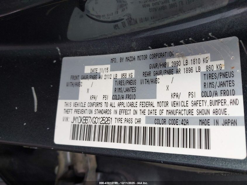 2016 Mazda Cx-3 Sport VIN: JM1DKBB7XG0125261 Lot: 43815199