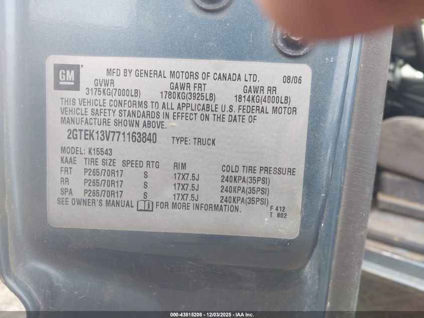 2007 GMC Sierra 1500 Classic Sl VIN: 2GTEK13V771163840 Lot: 43815208