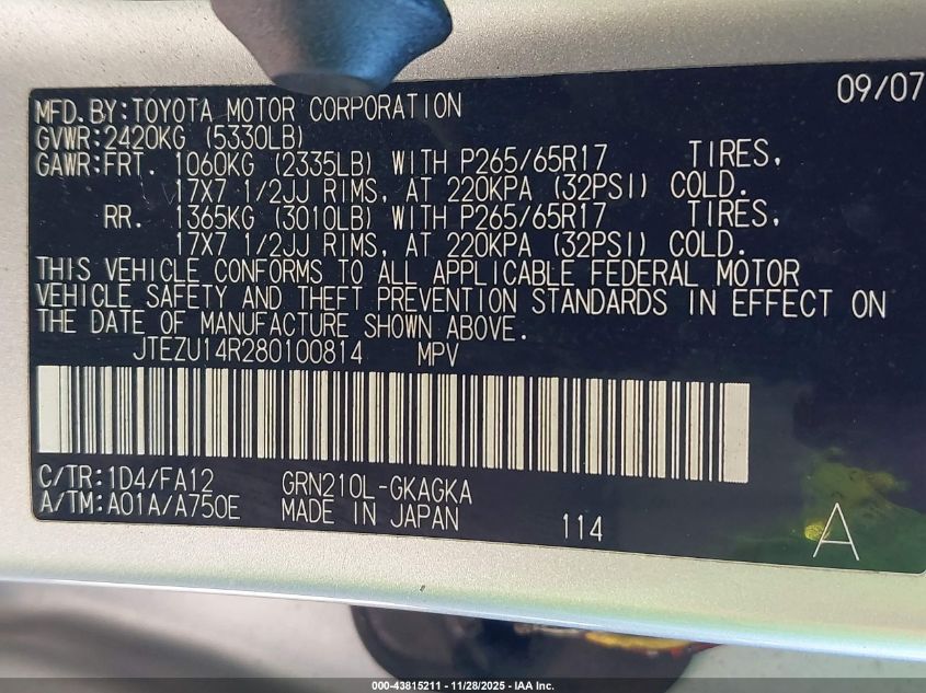 2008 Toyota 4Runner Sr5 V6 VIN: JTEZU14R280100814 Lot: 43815211