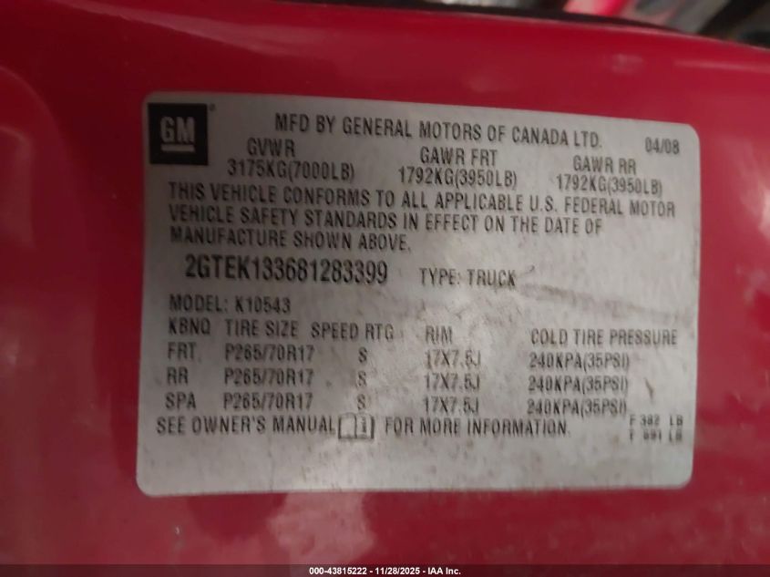 2008 GMC Sierra 1500 Sle1 VIN: 2GTEK133681283399 Lot: 43815222