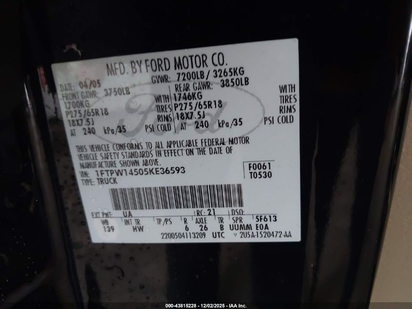 2005 Ford F-150 Fx4/Lariat/Xlt VIN: 1FTPW14505KE36593 Lot: 43815228