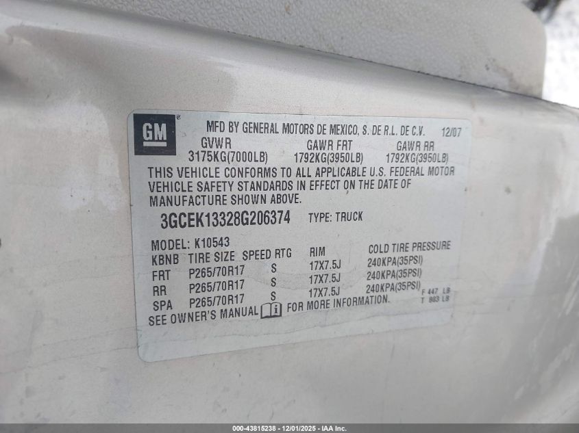 2008 Chevrolet Silverado 1500 Ltz VIN: 3GCEK13328G206374 Lot: 43815238