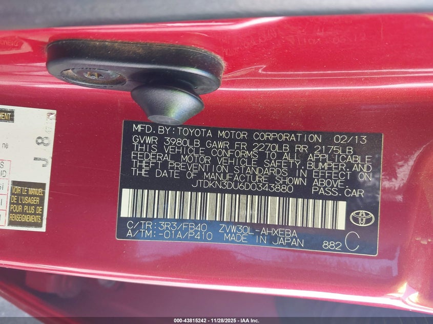 2013 Toyota Prius Two VIN: JTDKN3DU6D0343880 Lot: 43815242