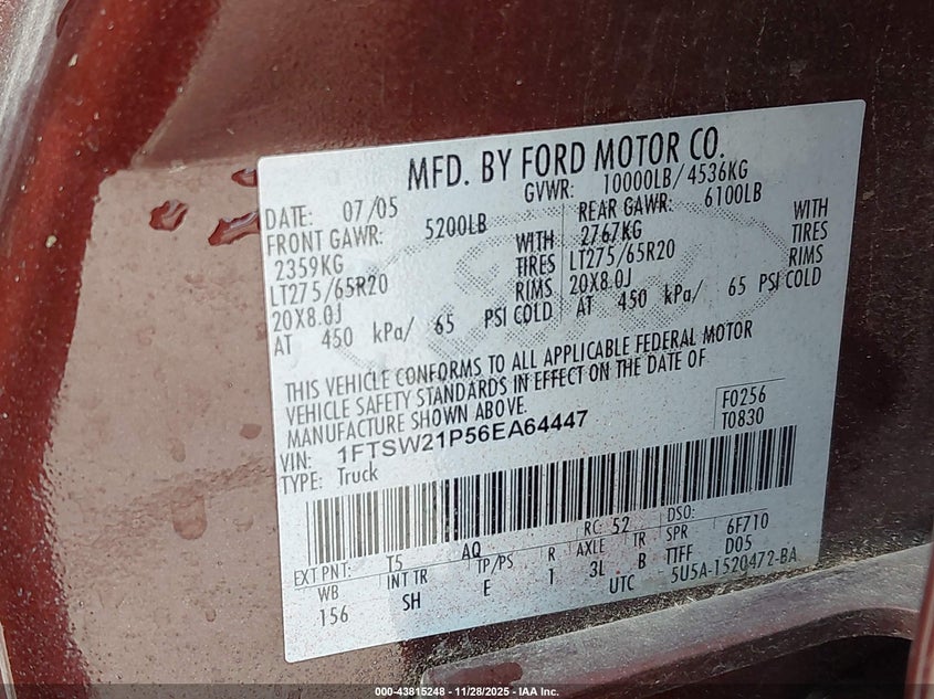 2006 Ford F-250 Lariat/Xl/Xlt VIN: 1FTSW21P56EA64447 Lot: 43815248