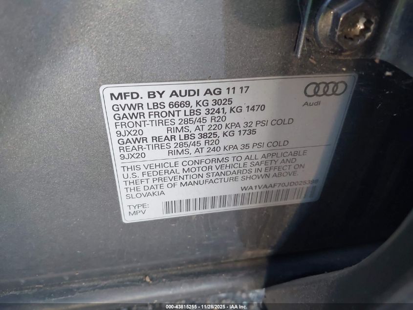 2018 Audi Q7 3.0T Premium VIN: WA1VAAF70JD025398 Lot: 43815255
