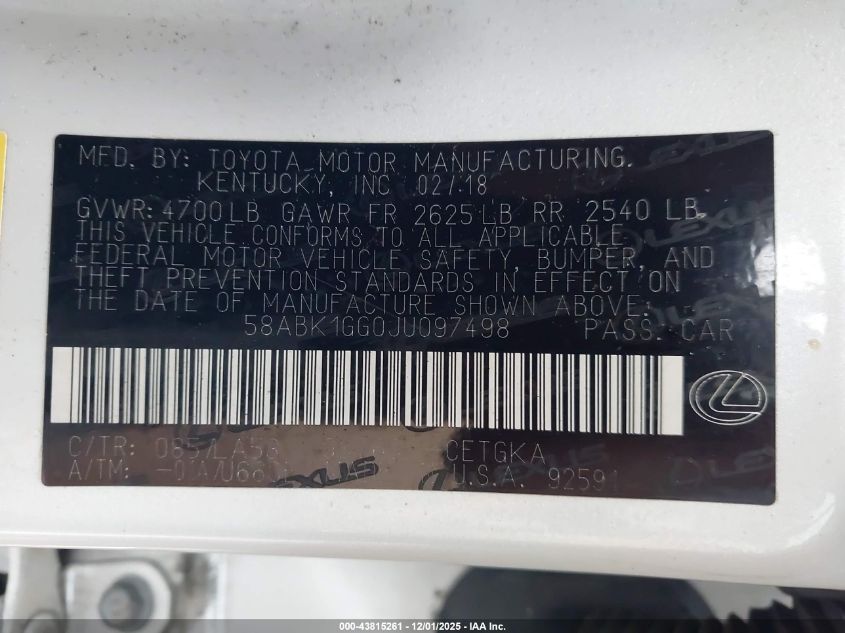 2018 Lexus Es 350 VIN: 58ABK1GG0JU097498 Lot: 43815261