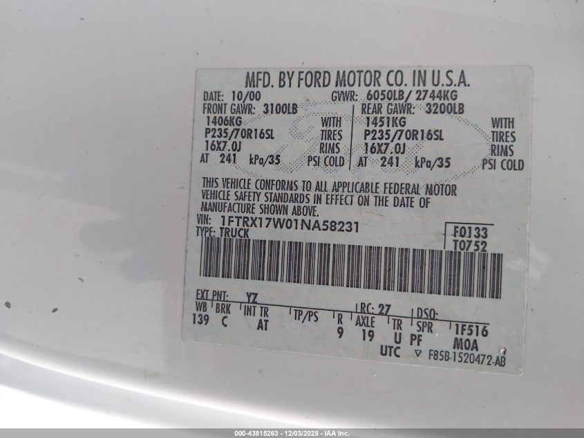 2001 Ford F-150 Lariat/Xl/Xlt VIN: 1FTRX17W01NA58231 Lot: 43815263