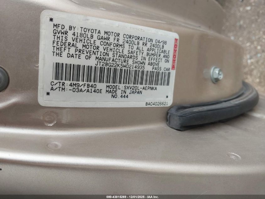 1998 Toyota Camry Le VIN: JT2BG22K5W0214935 Lot: 43815269