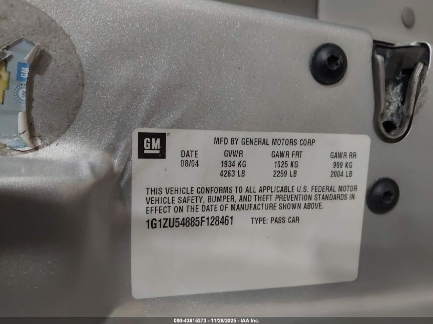 2005 Chevrolet Malibu Lt VIN: 1G1ZU54885F128461 Lot: 43815273