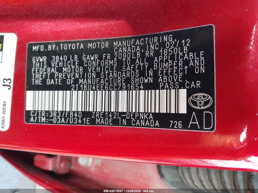 2012 Toyota Corolla Le VIN: 2T1BU4EE6CC791654 Lot: 43815287