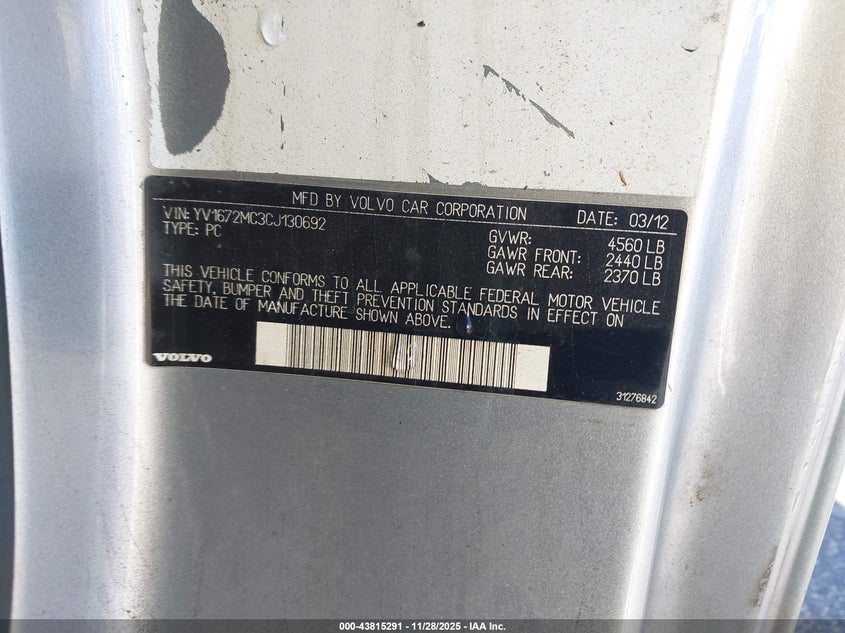 2012 Volvo C70 T5/T5 Platinum/T5 Premier Plus VIN: YV1672MC3CJ130692 Lot: 43815291