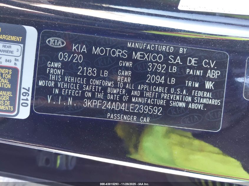 2020 Kia Forte Lxs VIN: 3KPF24AD4LE239592 Lot: 43815293