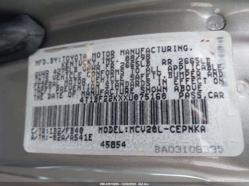 1999 Toyota Camry Le V6 VIN: 4T1BF22KXXU075160 Lot: 43815294