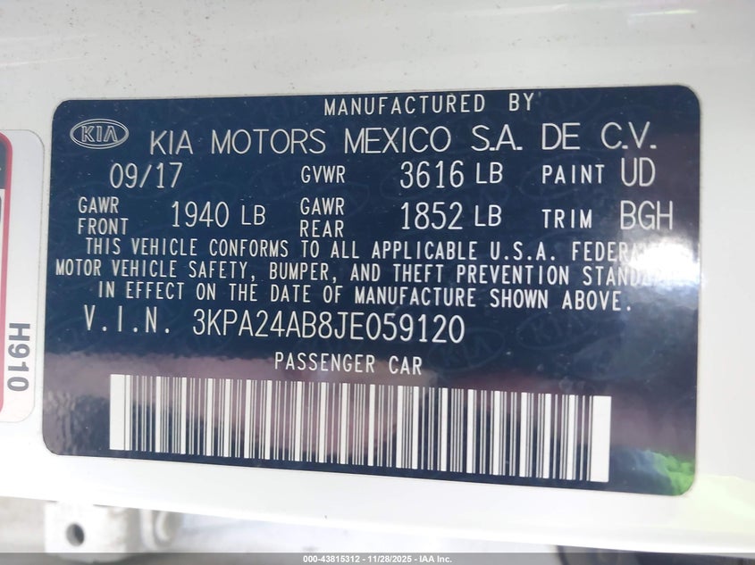 2018 Kia Rio Lx VIN: 3KPA24AB8JE059120 Lot: 43815312