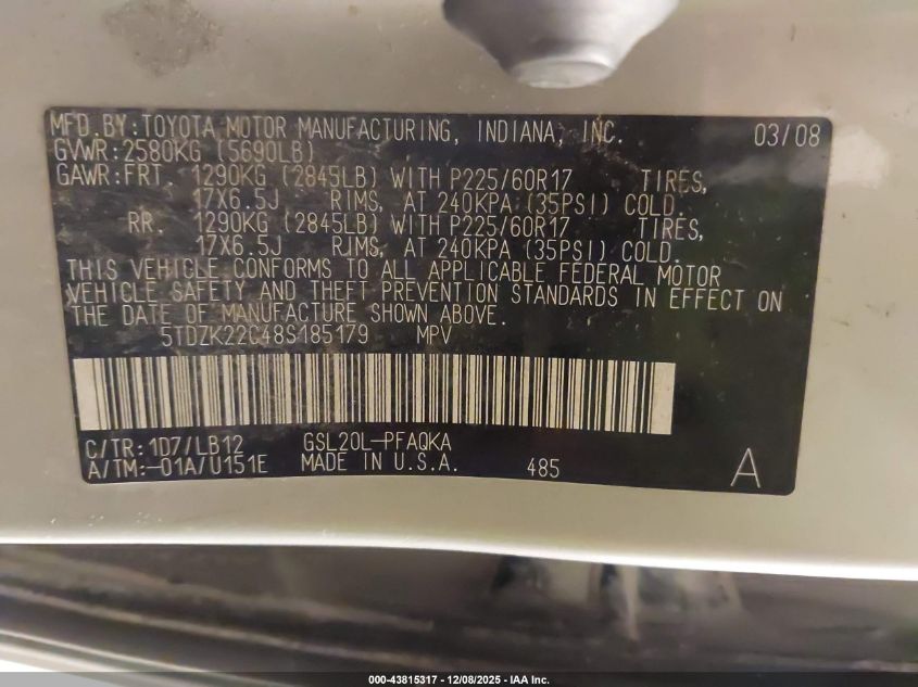 2008 Toyota Sienna Xle VIN: 5TDZK22C48S185179 Lot: 43815317