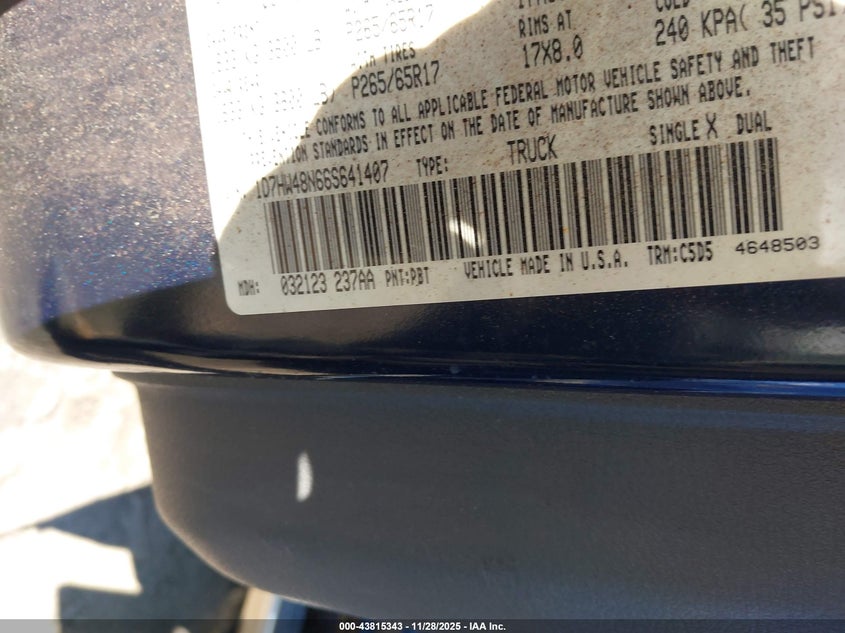 2006 Dodge Dakota Slt VIN: 1D7HW48N66S641407 Lot: 43815343