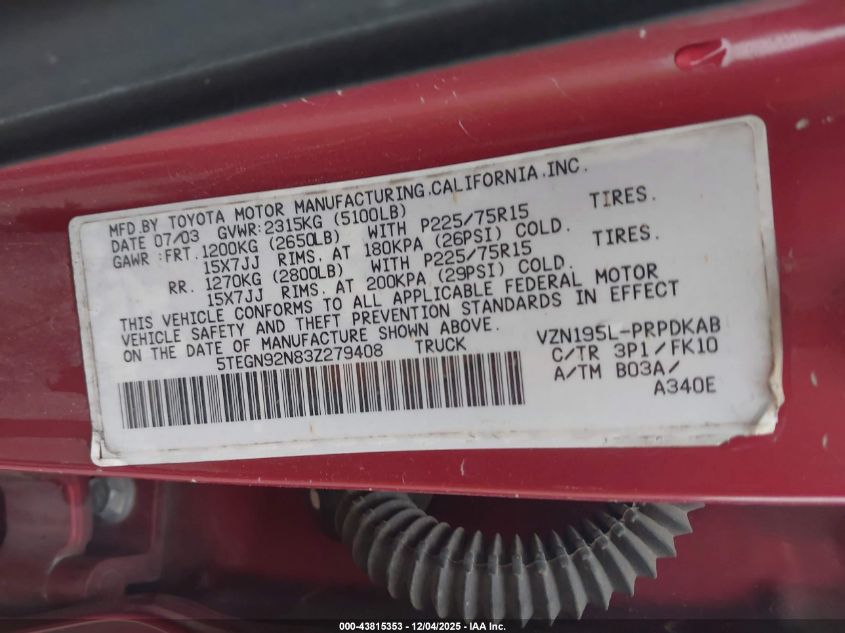 2003 Toyota Tacoma Prerunner V6 VIN: 5TEGN92N83Z279408 Lot: 43815353