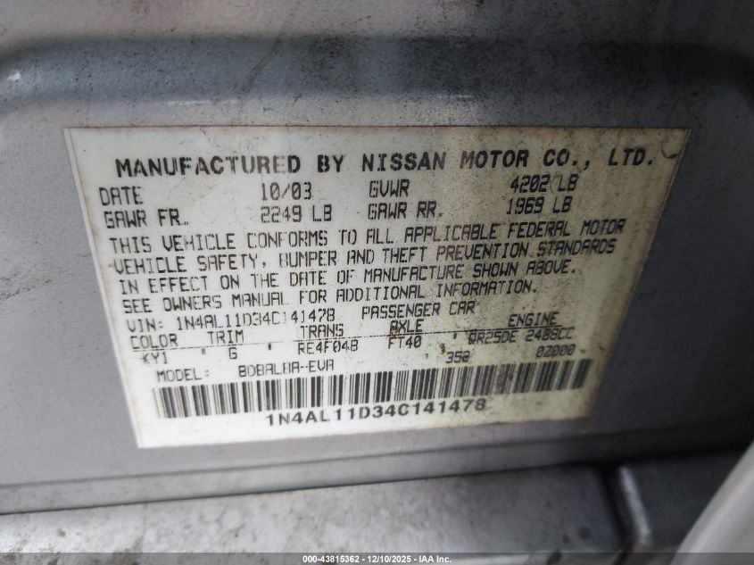2004 Nissan Altima 2.5 S VIN: 1N4AL11D34C141478 Lot: 43815362