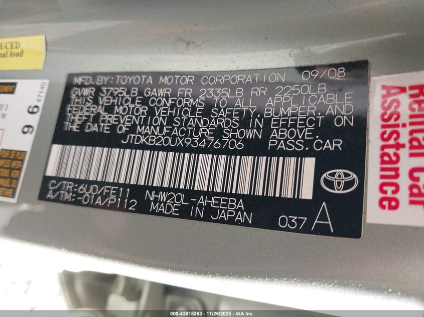 2009 Toyota Prius Touring VIN: JTDKB20UX93476706 Lot: 43815363
