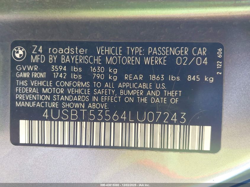 2004 BMW Z4 3.0I VIN: 4USBT53564LU07243 Lot: 43815380