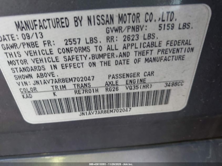 2014 Infiniti Q50 Hybrid Sport VIN: JN1AV7AR8EM702047 Lot: 43815393