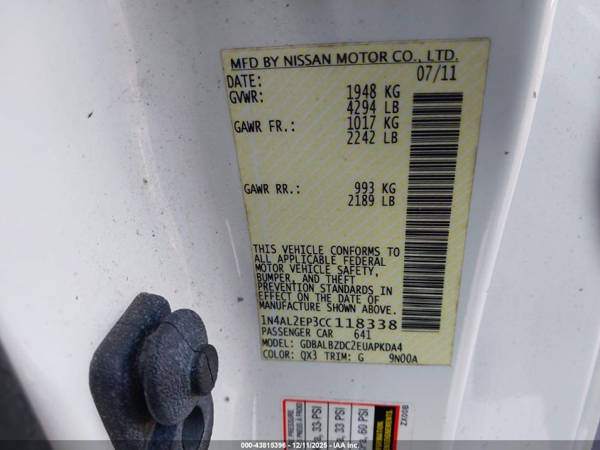 2012 Nissan Altima 2.5 S VIN: 1N4AL2EP3CC118338 Lot: 43815396