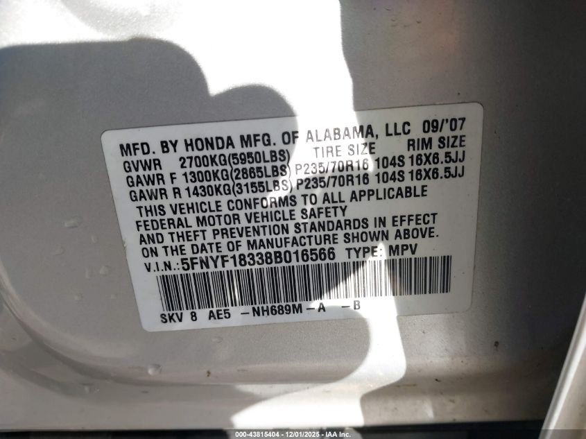 2008 Honda Pilot Se VIN: 5FNYF18338B016566 Lot: 43815404