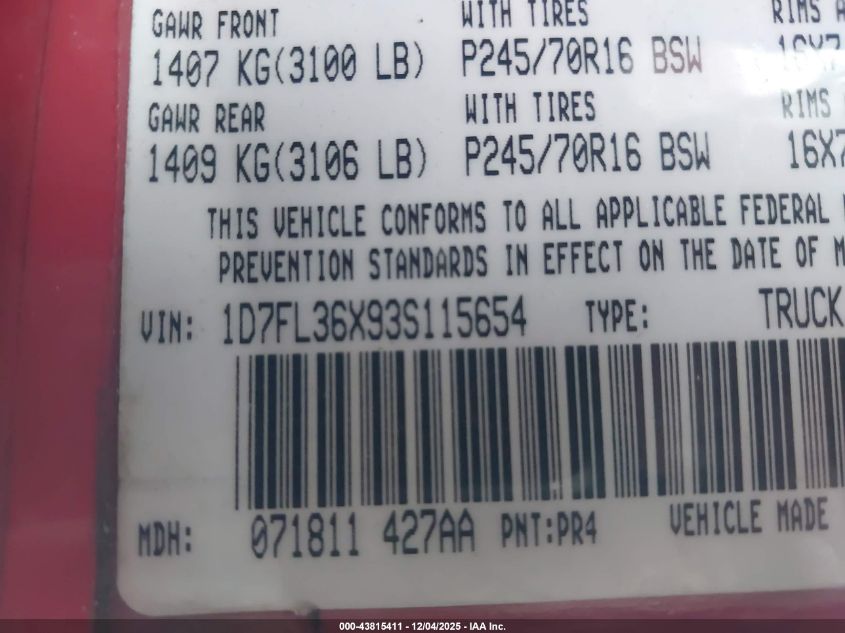 2003 Dodge Dakota Sport VIN: 1D7FL36X93S115654 Lot: 43815411