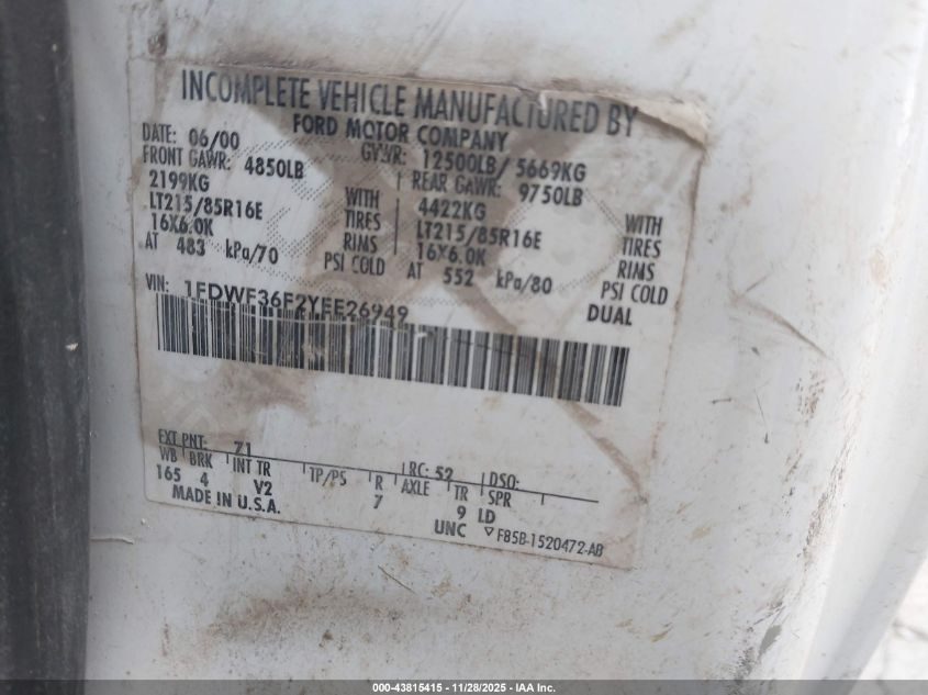 2000 Ford F-350 Lariat/Xl/Xlt VIN: 1FDWF36F2YEE26949 Lot: 43815415